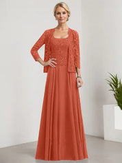Robe de mère de la mariée trapèze carrée, longueur au sol, en mousseline de soie et dentelle, avec paillettes 
