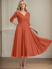 A-line V-Neck Tea-Length Chiffon Lace Mother of the Bride Dress With Beading Sequins