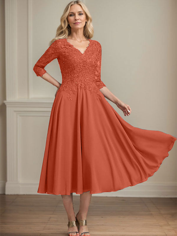 A-line V-Neck Tea-Length Chiffon Lace Mother of the Bride Dress With Beading Sequins
