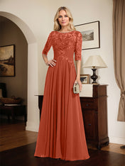 A-line Scoop Illusion Floor-Length Chiffon Lace Mother of the Bride Dress With Pleated Sequins