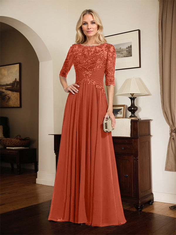 A-line Scoop Illusion Floor-Length Chiffon Lace Mother of the Bride Dress With Pleated Sequins
