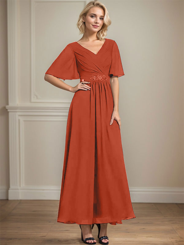A-line V-Neck Ankle-Length Chiffon Mother of the Bride Dress With Pleated Beading Sequins