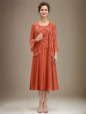 A-line Scoop Tea-Length Lace Chiffon Mother of the Bride Dress With Sequins