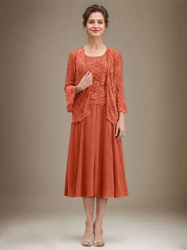 A-line Scoop Tea-Length Lace Chiffon Mother of the Bride Dress With Sequins