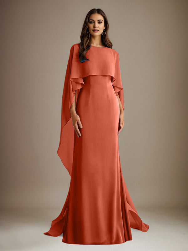 Robe de mère de la mariée en mousseline, coupe fourreau/colonne, col bateau, longueur ras du sol, avec volants en cascade 