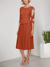 A-line Scoop Tea-Length Lace Chiffon Mother of the Bride Dress With Embroidery