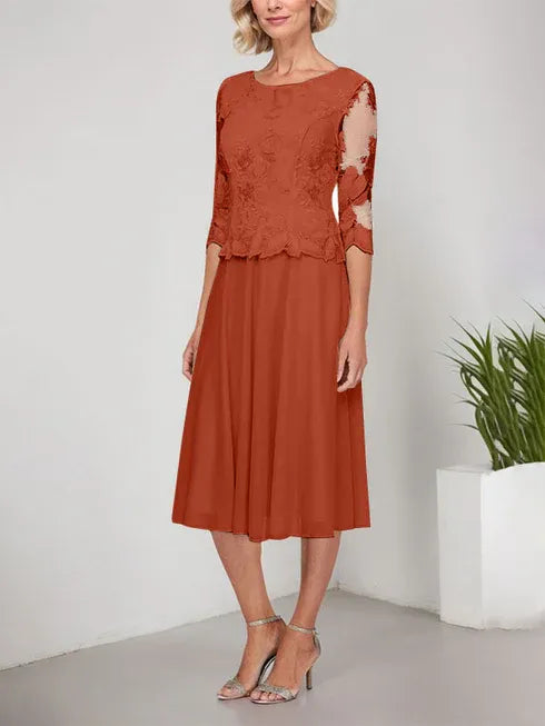 A-line Scoop Tea-Length Lace Chiffon Mother of the Bride Dress With Embroidery