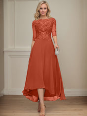 A-line Boat Neck Illusion Asymmetrical Chiffon Lace Mother of the Bride Dress With Sequins Beading
