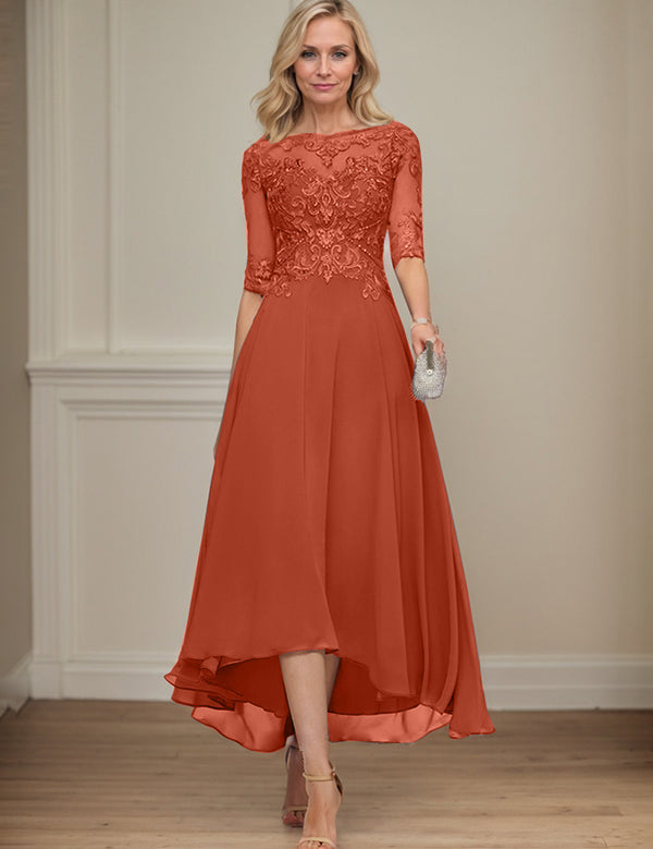 A-line Boat Neck Illusion Asymmetrical Chiffon Lace Mother of the Bride Dress With Sequins Beading
