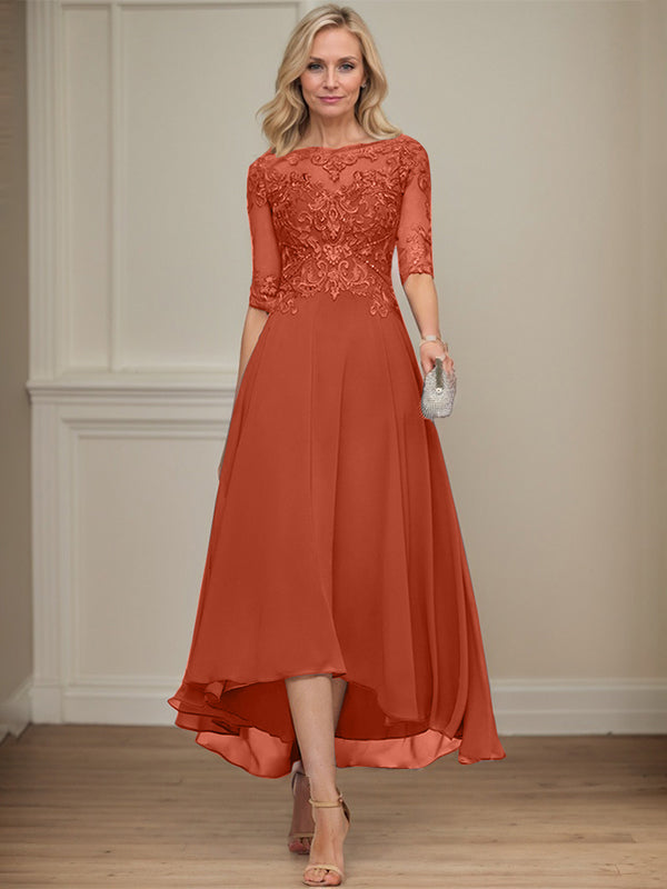 A-line Boat Neck Illusion Asymmetrical Chiffon Lace Mother of the Bride Dress With Sequins Beading