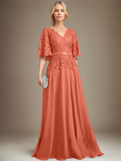 A-line V-Neck Floor-Length Chiffon Lace Mother of the Bride Dress With Crystal Brooch Rhinestone