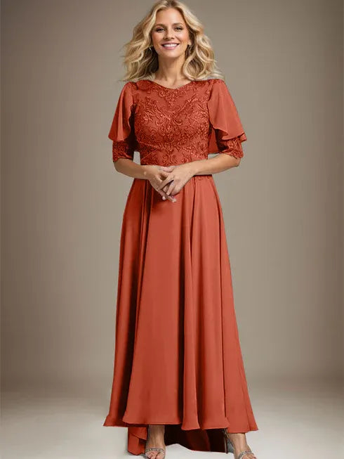 A-line Scoop Illusion Asymmetrical Chiffon Lace Mother of the Bride Dress With Beading