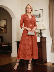 A-line V-Neck Tea-Length Chiffon Mother of the Bride Dress