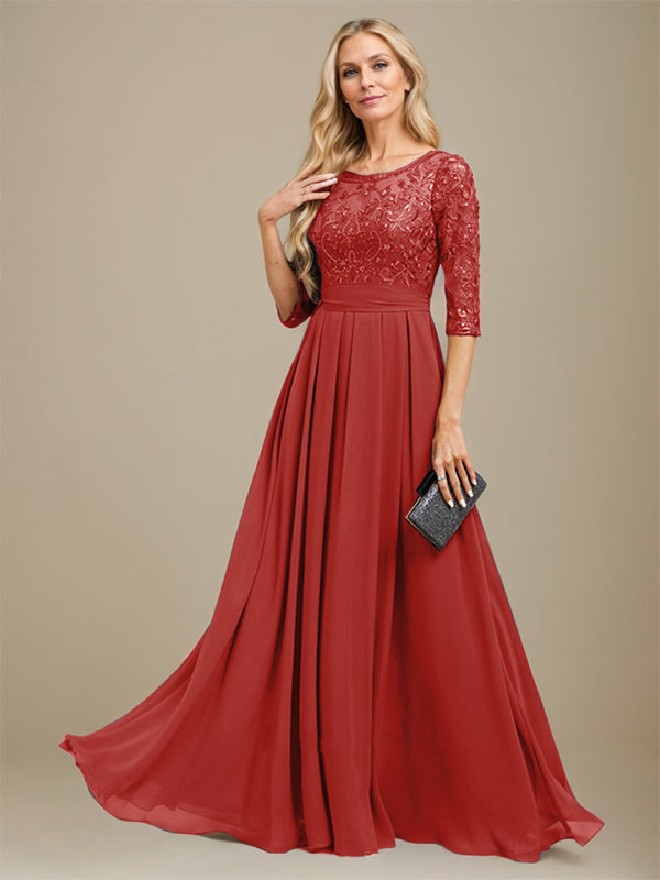 A-Line Scoop Floor-Length Lace Chiffon Mother Of the Bride Dress With Sequins Applique