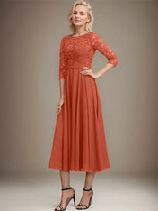 A-line Scoop Tea-Length Lace Chiffon Mother of the Bride Dress With Sequins