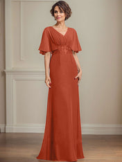 A-line V-Neck Floor-Length Chiffon Mother of the Bride Dress With Pleated Sequins Appliques Lace