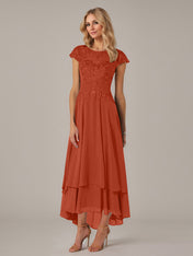 A-line Boat Neck Illusion Asymmetrical Chiffon Lace Mother of the Bride Dress With Applique Pleats