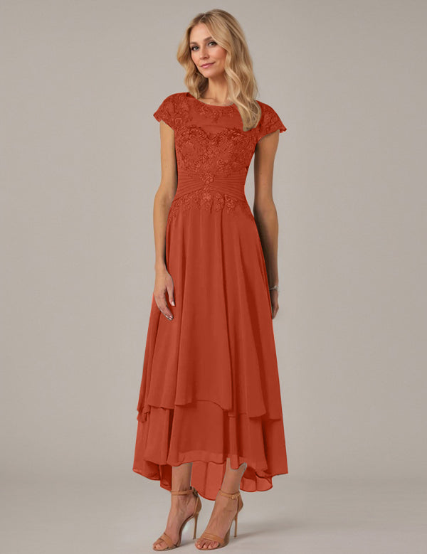 A-line Boat Neck Illusion Asymmetrical Chiffon Lace Mother of the Bride Dress With Applique Pleats