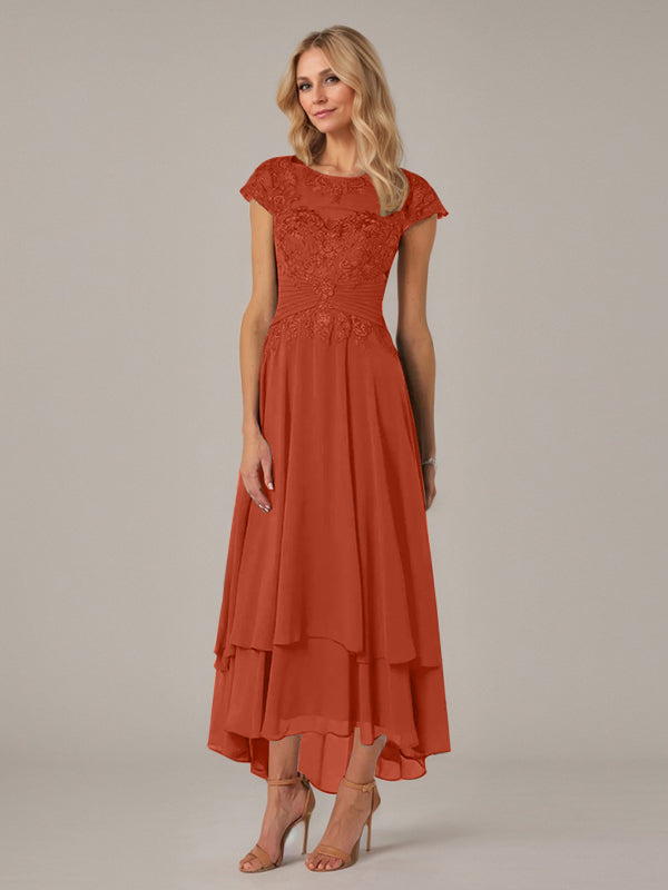 A-line Boat Neck Illusion Asymmetrical Chiffon Lace Mother of the Bride Dress With Applique Pleats