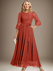 A-line Scoop Ankle-Length Lace Chiffon Mother of the Bride Dress With Bow