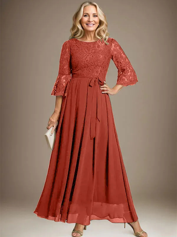 Robe de mère de la mariée trapèze en mousseline de soie et dentelle, longueur cheville, avec nœud