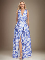A-line V-Neck Azure Floral Mother of the Bride Dress