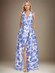 A-line V-Neck Azure Floral Mother of the Bride Dress