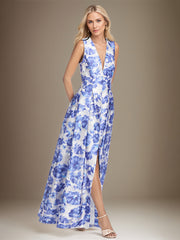 A-line V-Neck Azure Floral Mother of the Bride Dress