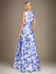A-line V-Neck Azure Floral Mother of the Bride Dress