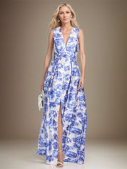 A-line V-Neck Azure Floral Mother of the Bride Dress