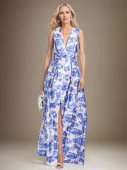 A-line V-Neck Azure Floral Mother of the Bride Dress