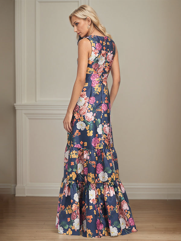 A-Line V-Neck Peonies Floral Mother of the Bride Dress