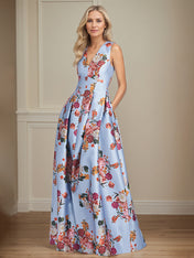 A-Line V-Neck Peonies Floral Mother of the Bride Dress With Slit