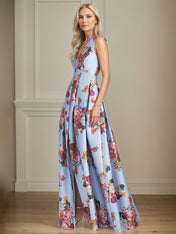 A-Line V-Neck Peonies Floral Mother of the Bride Dress With Slit