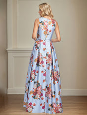A-Line V-Neck Peonies Floral Mother of the Bride Dress With Slit