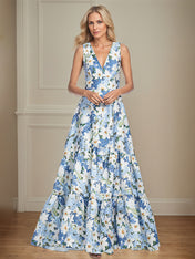 A-Line V-Neck Sleeveless Azure Floral Mother of the Bride Dress