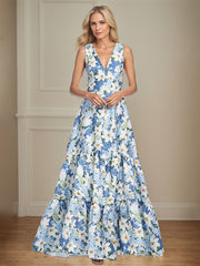 A-Line V-Neck Azure Floral Mother of the Bride Dress