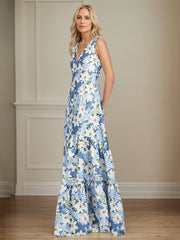 A-Line V-Neck Azure Floral Mother of the Bride Dress