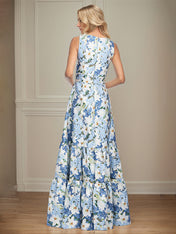 A-Line V-Neck Sleeveless Azure Floral Mother of the Bride Dress