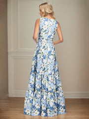 A-Line V-Neck Azure Floral Mother of the Bride Dress