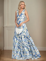 A-Line V-Neck Azure Floral Mother of the Bride Dress