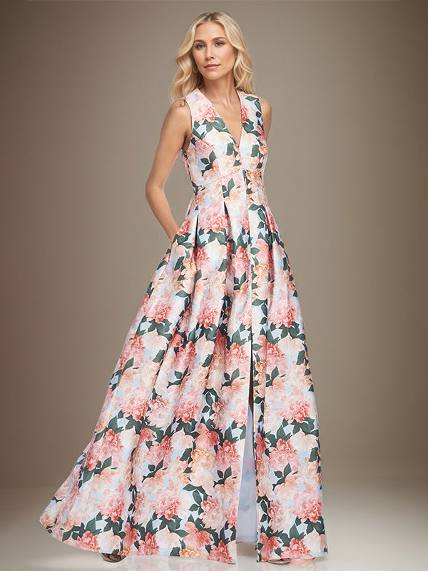 A-line V-Neck Peach Peonies Mother of the Bride Dress