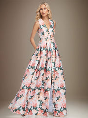 A-line V-Neck Peach Peonies Mother of the Bride Dress