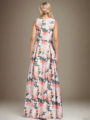 A-line V-Neck Peach Peonies Mother of the Bride Dress