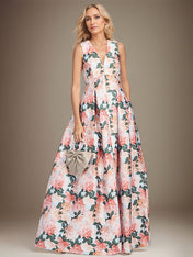 A-line V-Neck Peach Peonies Mother of the Bride Dress