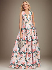 A-line V-Neck Peach Peonies Mother of the Bride Dress