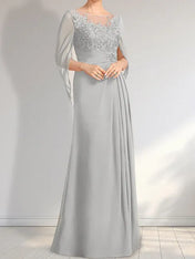 A-line Scoop Illusion Floor-Length Lace Chiffon Mother of the Bride Dress With Pleated Sequins