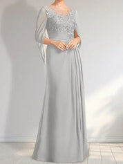 Robe de mère de la mariée trapèze en mousseline de soie et dentelle, longueur au sol, avec décolleté en V et paillettes plissées
