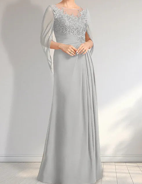 Robe de mère de la mariée trapèze en mousseline de soie et dentelle, longueur au sol, avec décolleté en V et paillettes plissées