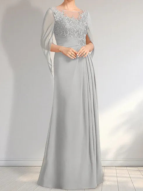 Robe de mère de la mariée trapèze en mousseline de soie et dentelle, longueur au sol, avec décolleté en V et paillettes plissées